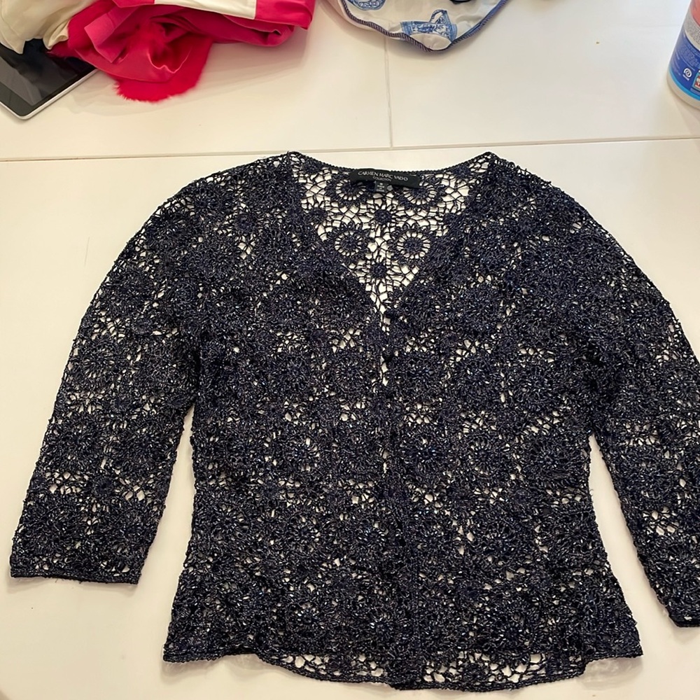 Vintage Carmen Marc Valvo navy blue crochet sweater size 8
